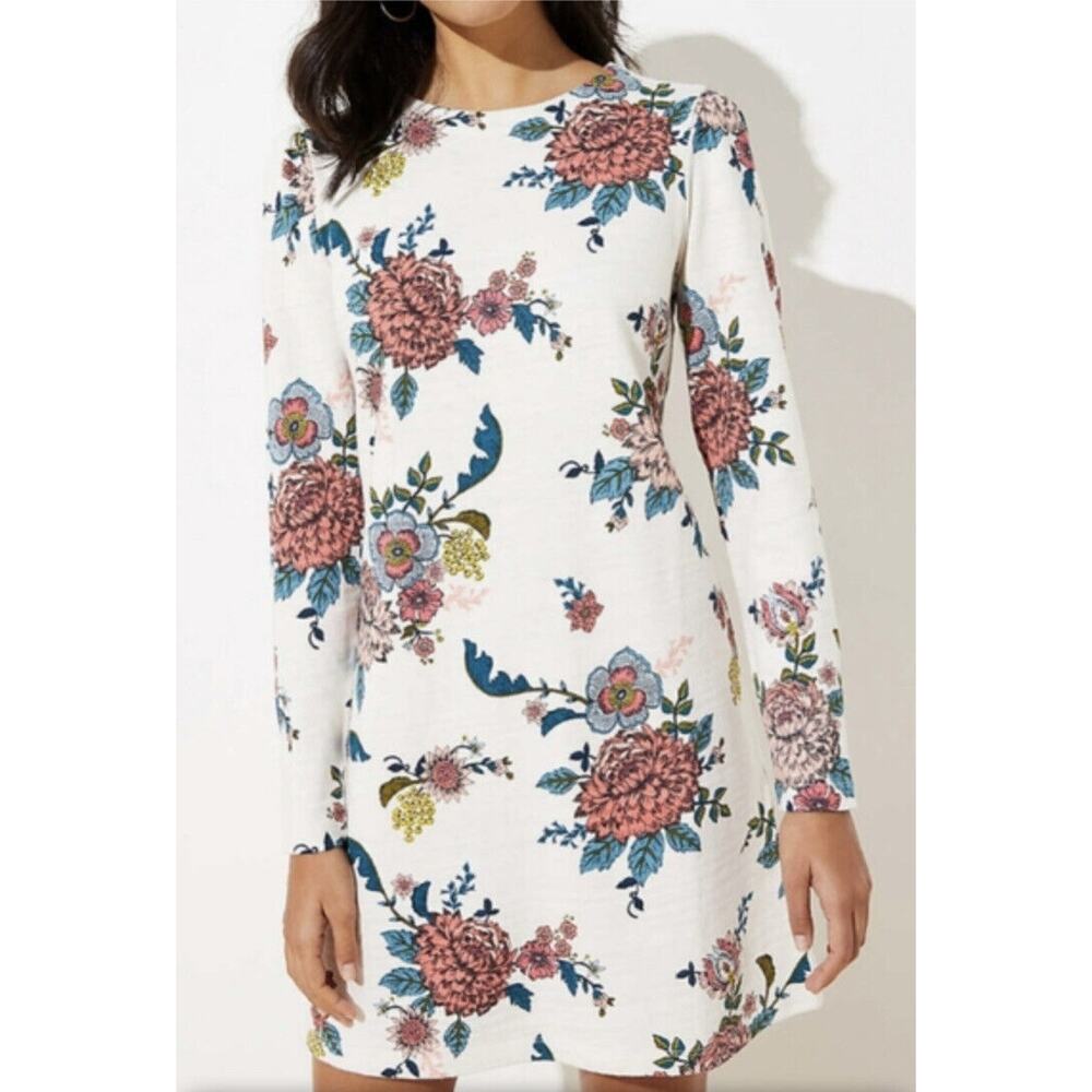 Ann Taylor Loft •2• Knit Floral Long Sleeve Dress Puff Sleeve Ivory Fall winter